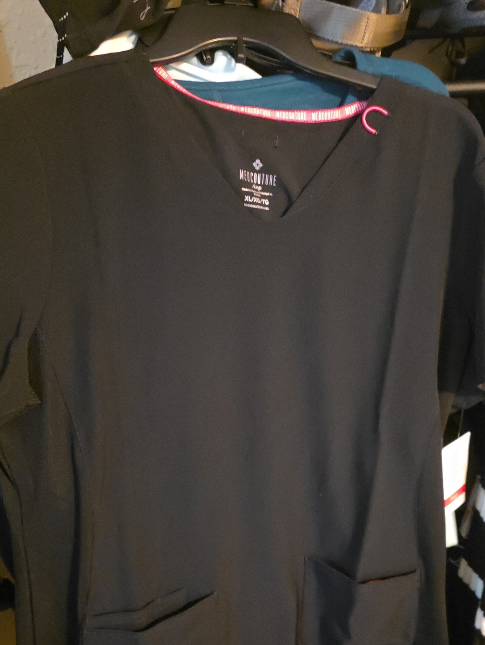 Med Couture Black V-Neck Work Scrub Top with Pink Trim
